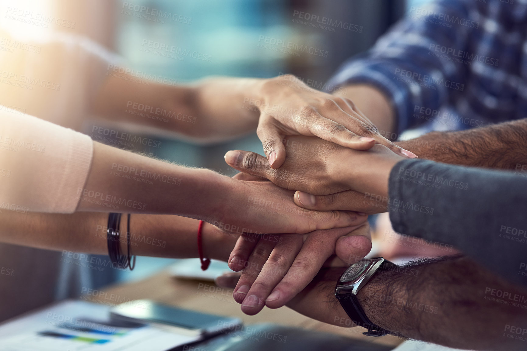 Buy stock photo Diversity, teamwork and hands together in office for corporate support, company collaboration and planning. Business people, trust and solidarity in circle for community, workshop and celebration