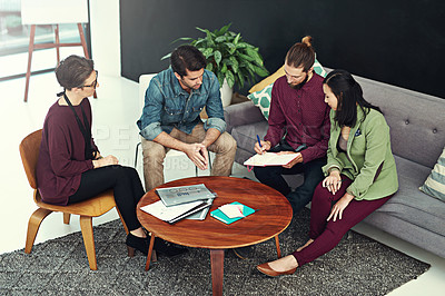 Buy stock photo Creative agency, teamwork and business people in meeting, notebook and company calendar in workplace. Group, project and employees with conversation, cooperation and review with notes and talking