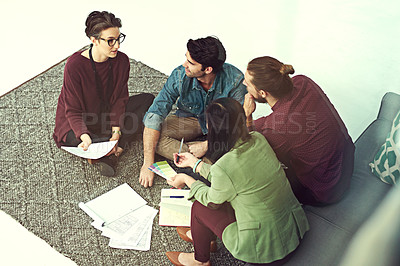Buy stock photo Floor, workshop and business people in creative brainstorming, collaboration or ideas at startup. Growth, development and teamwork at meeting for design, planning and problem solving on office carpet