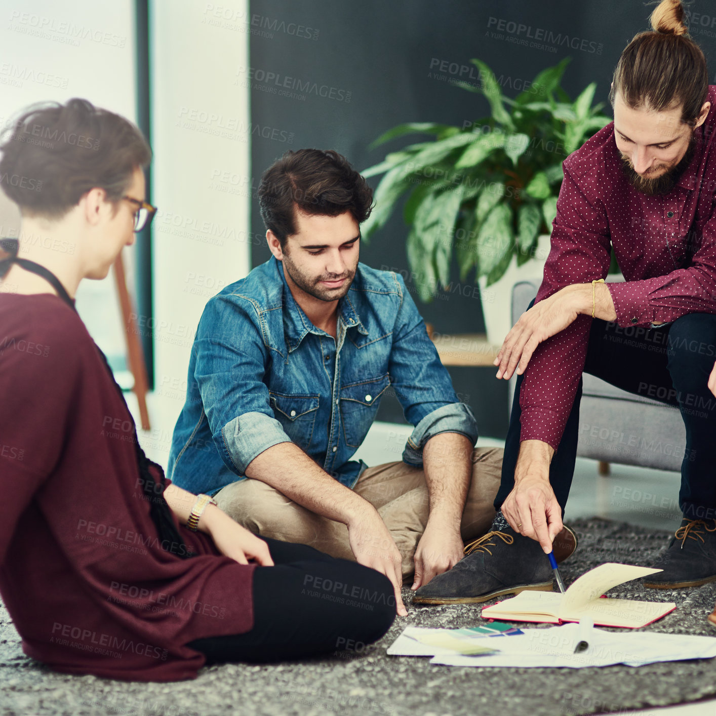 Buy stock photo Creative, business people and meeting with documents on floor for interior design or project discussion at office. Group of employees with color palette or paperwork in team collaboration for startup