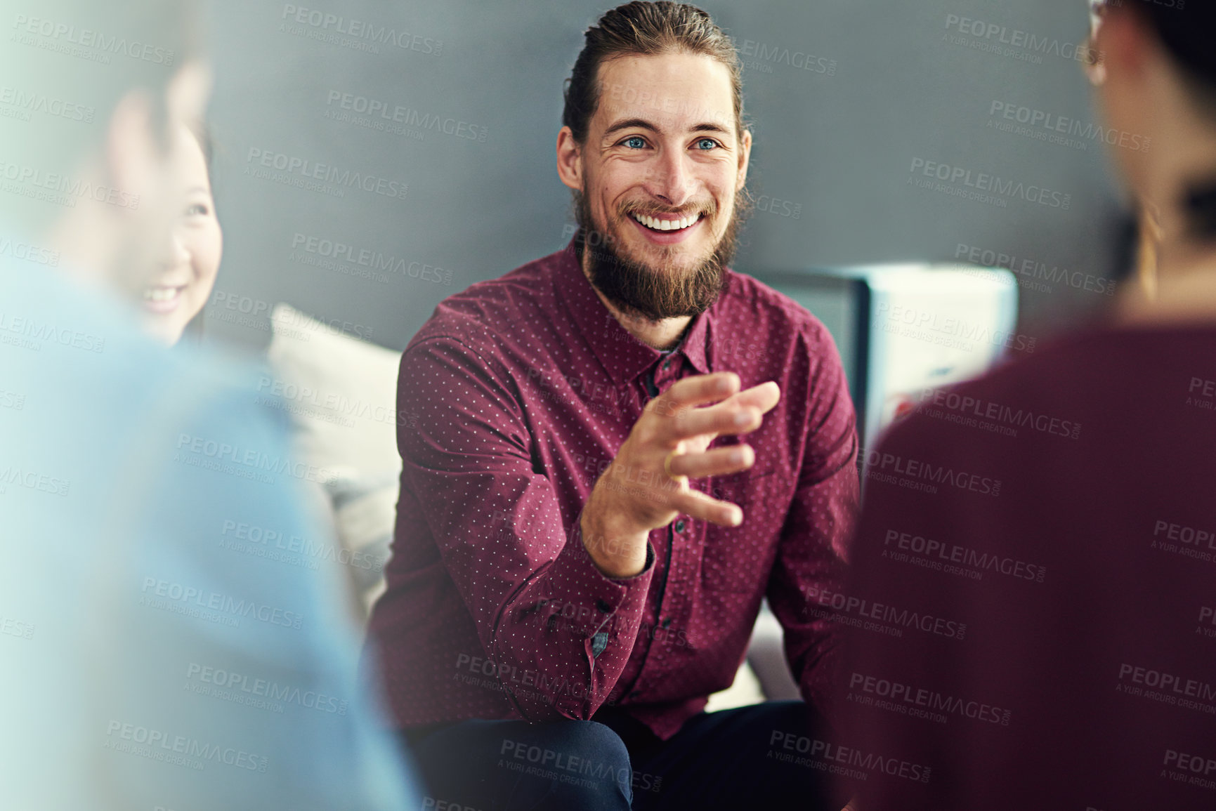 Buy stock photo Group, brainstorming and man with smile, office and talking for ideas, planning and employees in collaboration. Design, agency and startup with entrepreneur, male worker and company with teamwork