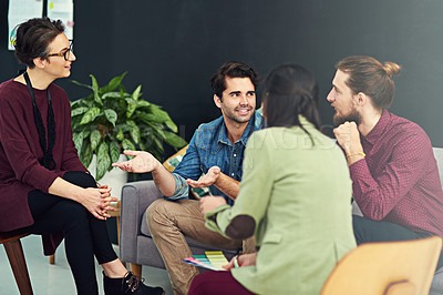 Buy stock photo Group, brainstorming and creative on desk, office and listening for ideas, planning and employees in collaboration. Design, agency and startup with entrepreneur, man and women in company and teamwork