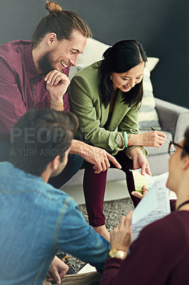 Buy stock photo People, meeting and happy in office with documents for teamwork, collaboration and plan as graphic designer. Employee, brainstorming and smile for creative ideas, sharing and branding for project