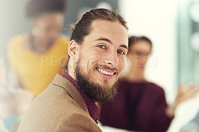 Buy stock photo Creative, portrait and happy man in startup and meeting for brainstorming, review and collaboration. Smile, face or designer with teamwork, small business and planning in conversation for project