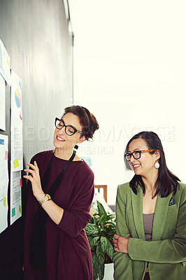 Buy stock photo Office, presentation and women together at creative agency for brainstorming, collaboration and ideas at startup. Growth, development and business people at workshop for design, planning and strategy
