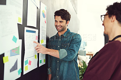 Buy stock photo Happy man, coach and meeting with demographics for schedule planning, annual goals or notes at office. Male person or speaker with colleague, coworker or employee for startup, discussion or vision