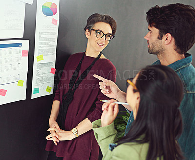 Buy stock photo Office, moodboard and business people at creative agency for brainstorming, collaboration and ideas at startup. Growth, development and design team at workshop for statistics, planning and strategy