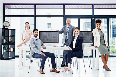 Buy stock photo Portrait of a group of businesspeople standing together