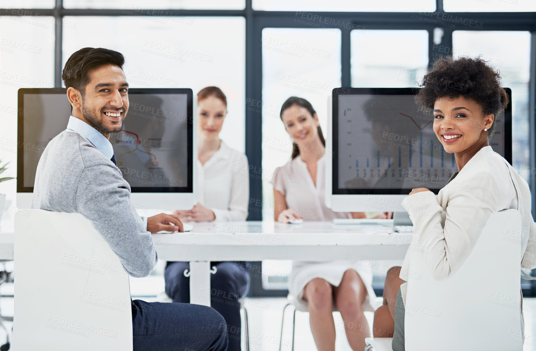 Buy stock photo Portrait, computer and workers in office together, coworking or workspace for career in data analyst or desk. Online, statistics for digital stock for business, website or analytic spreadsheet