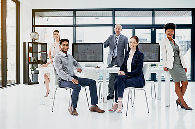 Buy stock photo Portrait, computer and employees in office together, coworking or workspace for career in data analyst or desk. Online, statistics for digital stock for business, website or analytic spreadsheet