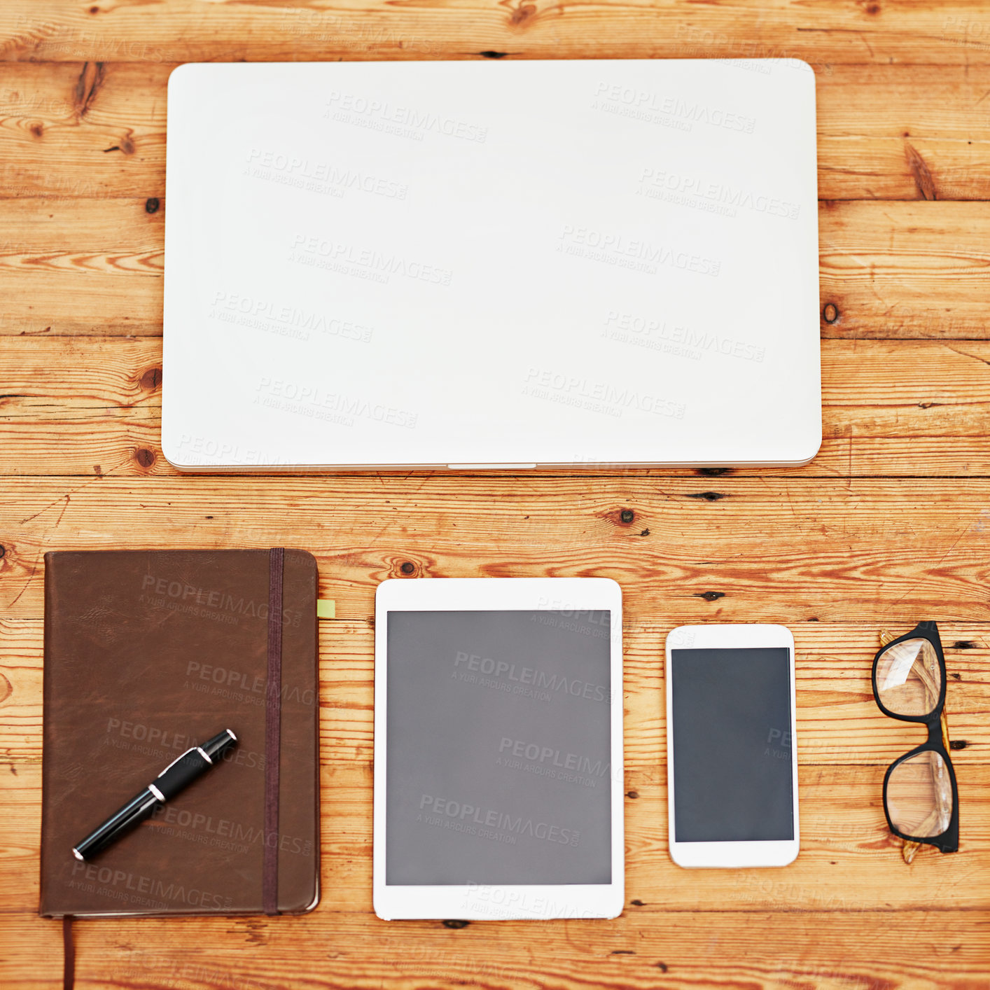 Buy stock photo High angle shot of items laid out for a businessperson