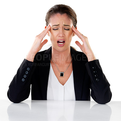 Buy stock photo Studio shot of a young businesswoman experiencing a headache against a white background