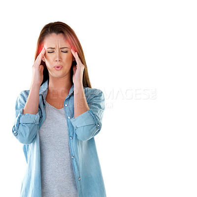 Buy stock photo Woman, headache and pain in studio for burnout, tension and stress on white background. Anxiety, migraine and massage temple for sickness, hurt and fatigue from pressure and discomfort for mockup 