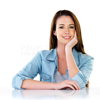 Buy stock photo Studio portrait of an attractive young woman casually dressed against a white background