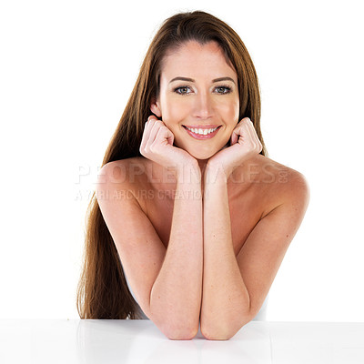 Buy stock photo Natural woman, portrait and smile for skincare with cosmetics, aesthetic and healthy glow in studio. Dermatology, confidence or happy model with pride, shine or beauty results on white background