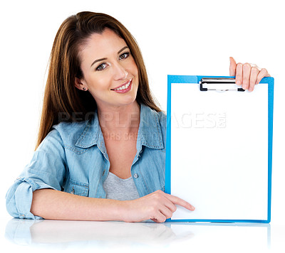 Buy stock photo Studio, portrait and woman with blank clipboard for checklist, tips or steps on mockup space. Smile, empty paper and girl with to do list, application or sign up for registration on white background