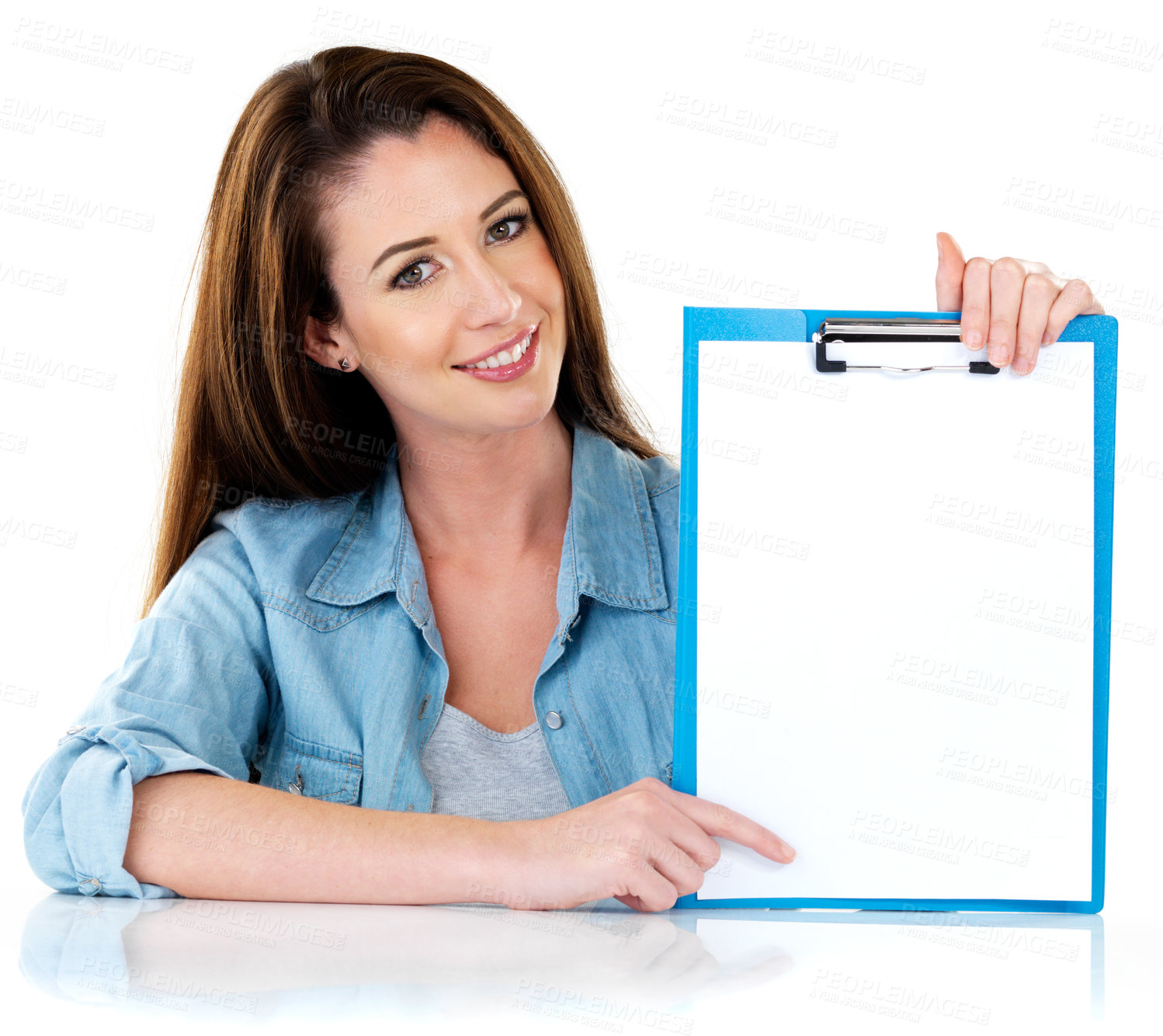 Buy stock photo Studio, portrait and woman with blank clipboard for checklist, tips or steps on mockup space. Smile, empty paper and girl with to do list, application or sign up for registration on white background