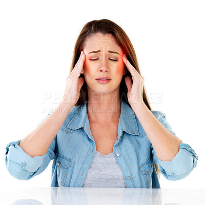 Buy stock photo Woman, headache and pain in studio for fatigue, tension and stress on white background. Anxiety, migraine and massage temple for sickness, hurt and discomfort from burnout and pressure for mockup