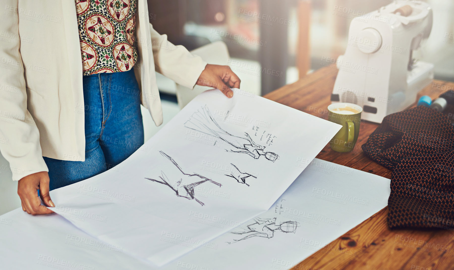 Buy stock photo Fashion designer, creative and woman with sketch in workshop for clothing ideas. Tailor, art and hands of female person with drawing for illustration, pattern and planning in startup business.