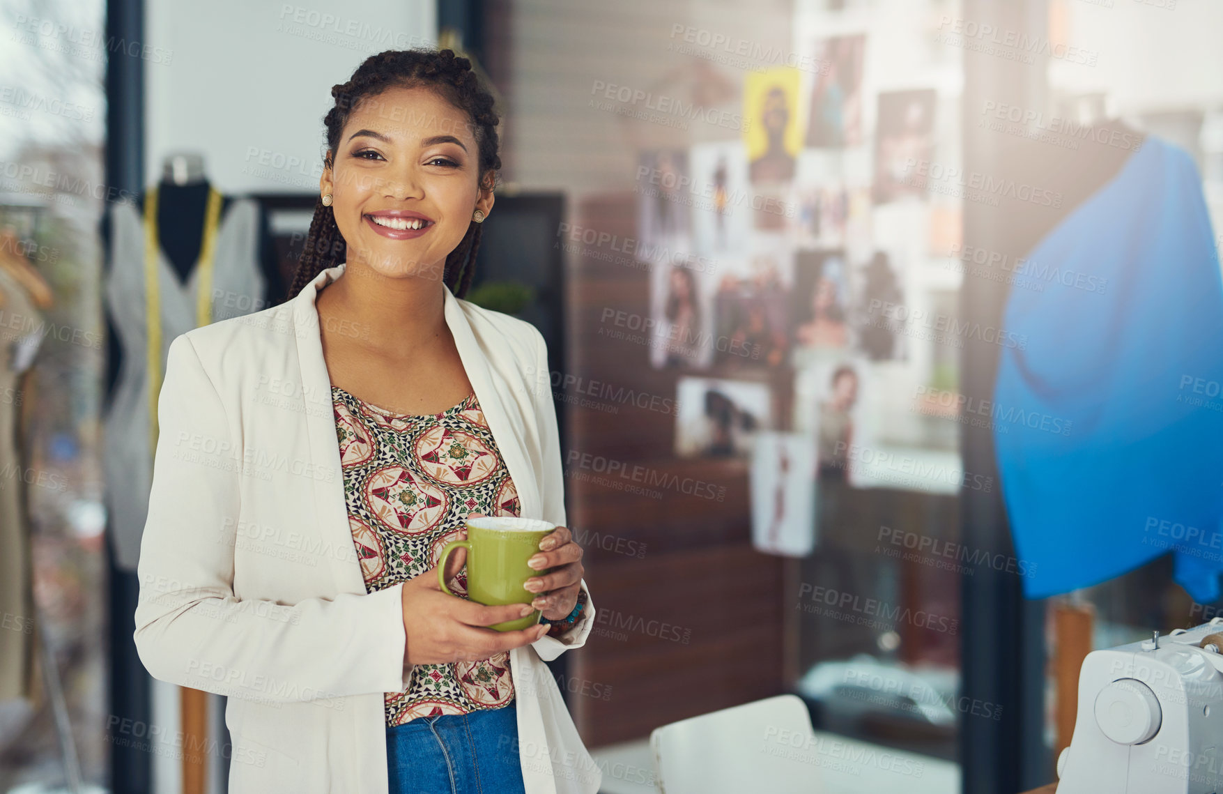 Buy stock photo Fashion designer, workshop and portrait of African woman with textile, material and clothing. Professional, startup and person with coffee for planning in boutique, retail store and tailor shop