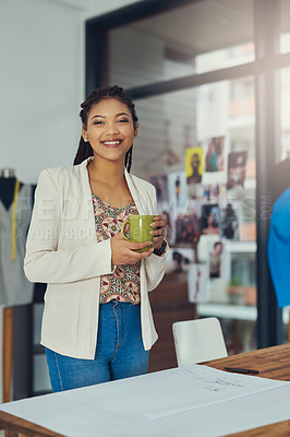 Buy stock photo Fashion designer, boutique and portrait of African woman with textile, material and clothing. Professional, startup and person with coffee for planning in workshop, retail store and tailor shop