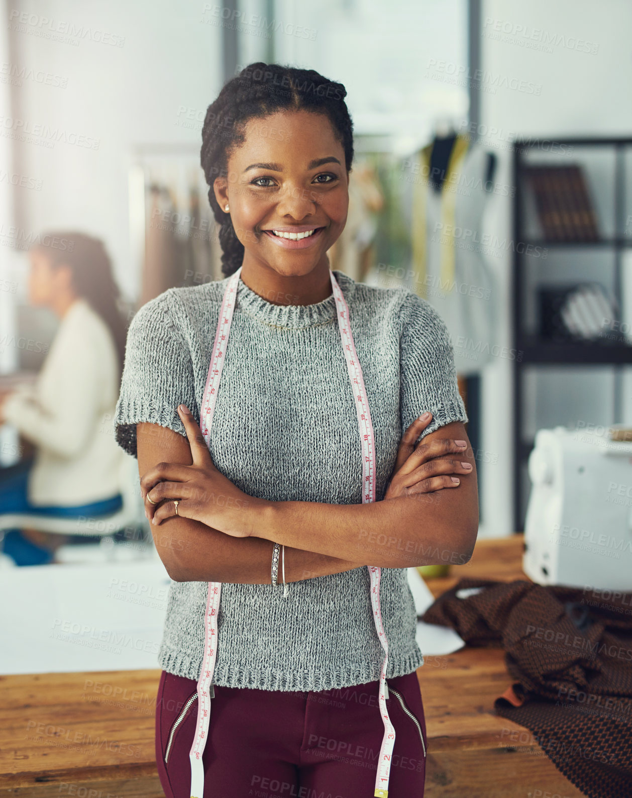 Buy stock photo Fashion design, office and portrait of woman with tape measure for clothes, manufacturing and confidence. Creative, work and smile with arms crossed for production, startup or small business in Kenya