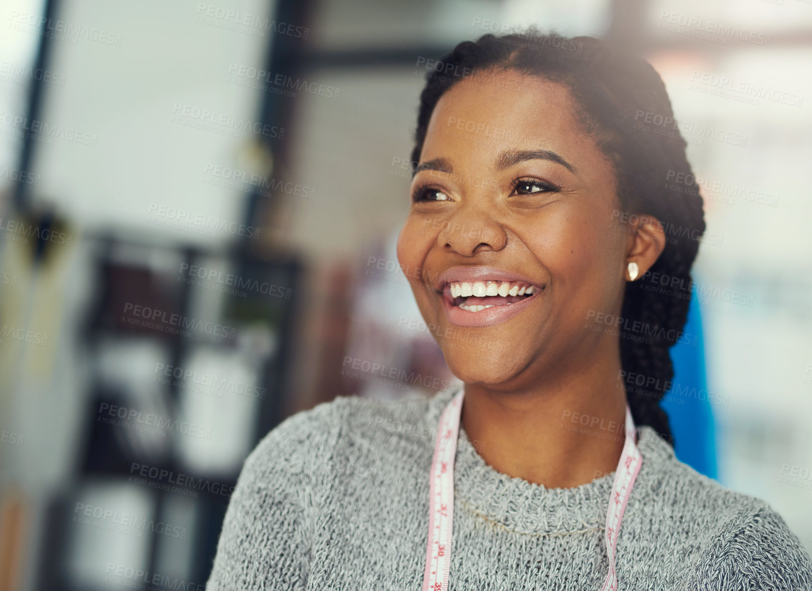 Buy stock photo Small business, black woman and smile with tape for measuring, size accuracy or planning for design. Female person, fashion designer or thinking with tool for working, startup owner or laugh by space