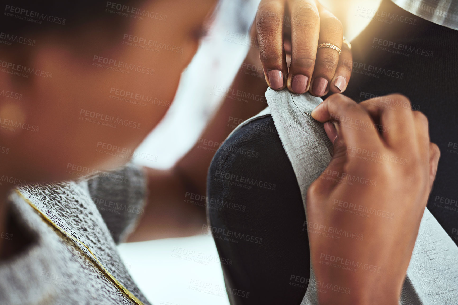 Buy stock photo Cropped shot of a young fashion designer working on a mannequin in her workshop