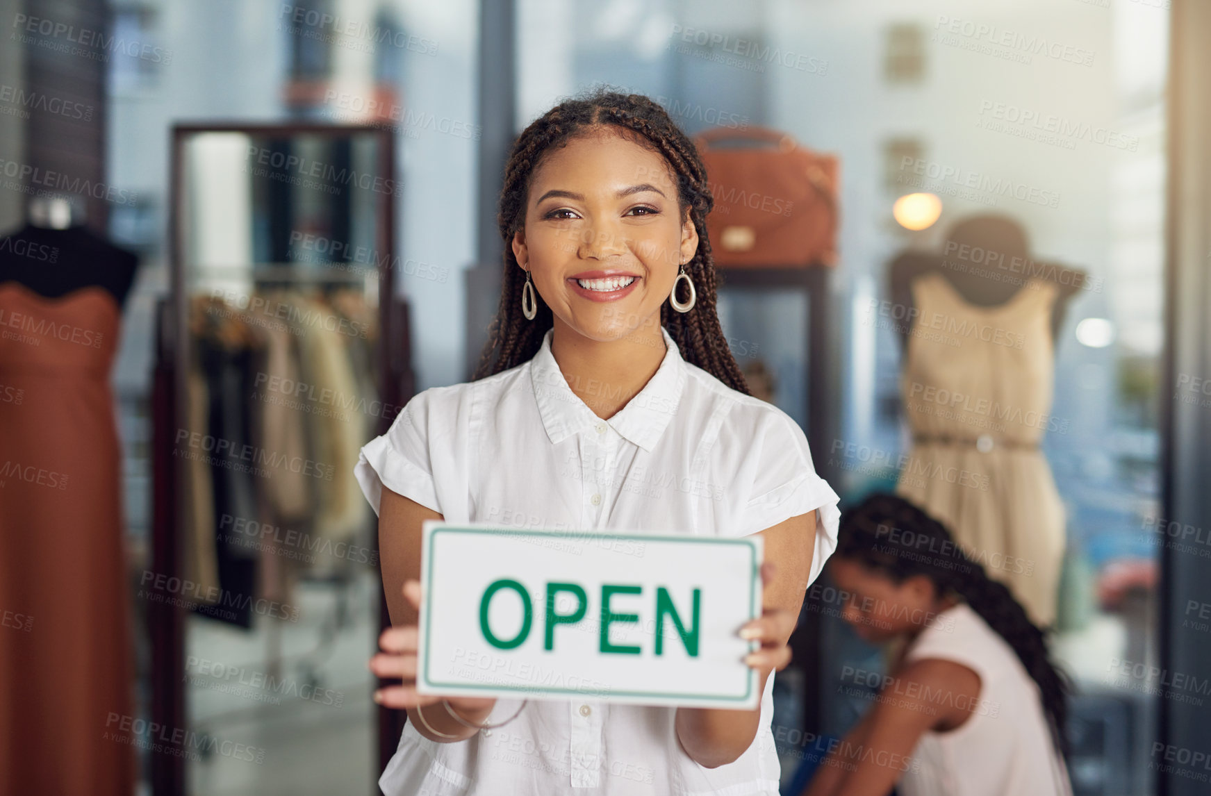 Buy stock photo Owner, woman and portrait with open sign at shop for welcome, ready for service and small business. Entrepreneur, poster board and start day at entrance in startup boutique for fashion and clothing