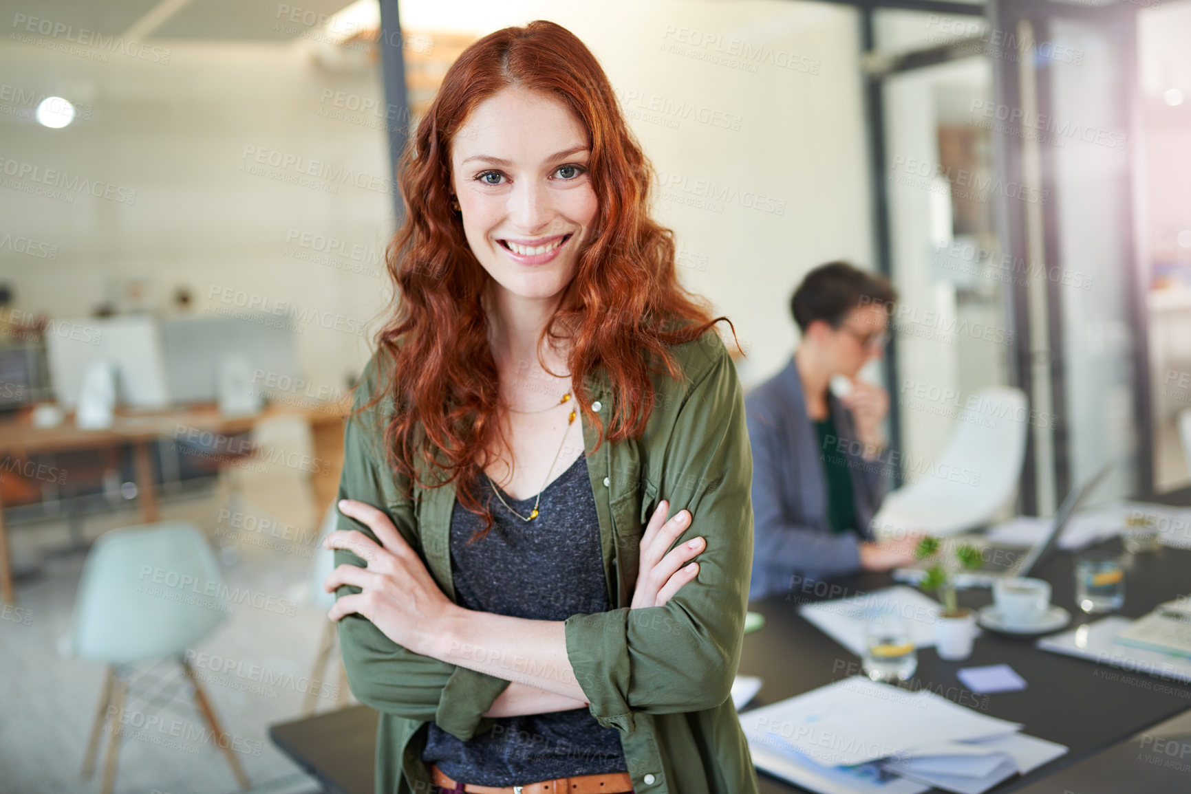 Buy stock photo Portrait, happy and woman with designer in office for planning, solutions and ideas for a startup business agency. Confident, female person and brainstorming for information on creative decisions