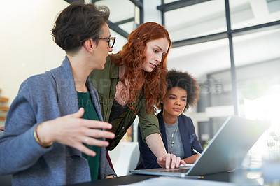 Buy stock photo Laptop, teamwork or women in startup for solution, conversation or discussion for tech news. Problem solving, meeting or people in office for planning strategy, feedback data or online collaboration