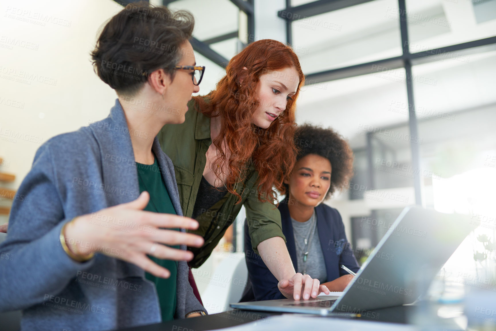 Buy stock photo Laptop, teamwork or women in startup for solution, conversation or discussion for tech news. Problem solving, meeting or people in office for planning strategy, feedback data or online collaboration