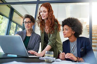 Buy stock photo Laptop, teamwork or women in startup for problem solving, conversation or discussion for tech news. Solution, meeting or people in office for planning strategy, feedback data or online collaboration