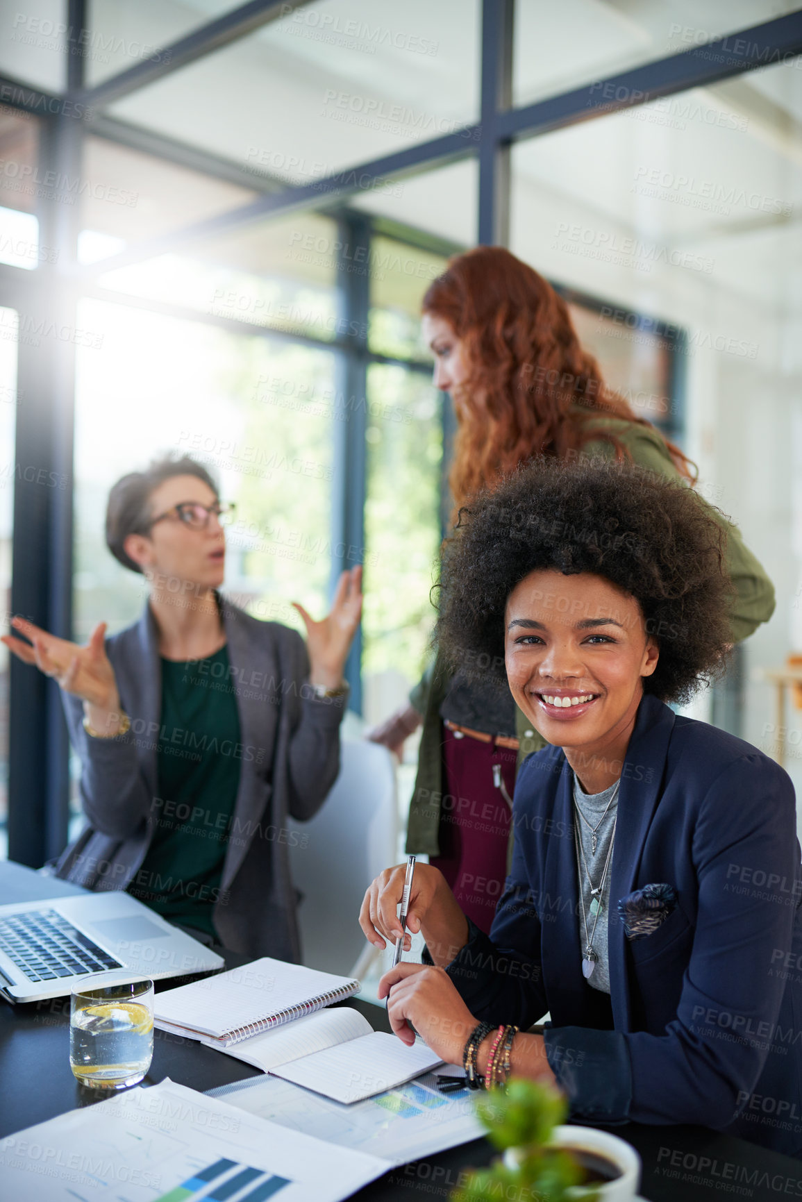 Buy stock photo Happy, portrait and African woman in office for web design, startup company and data analysis. International team, laptop and brainstorm in workplace for project, development and global partnership