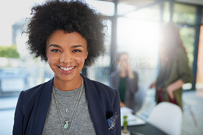 Buy stock photo Happy woman, portrait and staff in workspace for creative agency, design and development in office. Startup company, international and female collaboration in professional workplace with lens flare.