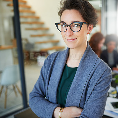 Buy stock photo Business woman, smile and portrait in coworking space for career, company planning and project management. Mature female person or editor and confident for job in organisation for profession


