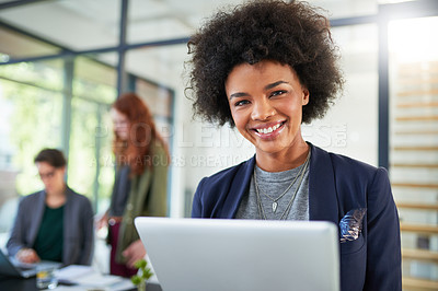 Buy stock photo Laptop, research and portrait of business woman in office reading information on internet or online. Technology, smile and professional female creative designer working on computer in workplace.