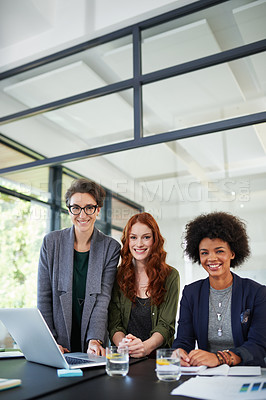 Buy stock photo Portrait, teamwork or people in startup for meeting, conversation or discussion for business. Laptop, confident women and happy colleagues in office for planning strategy, feedback or collaboration