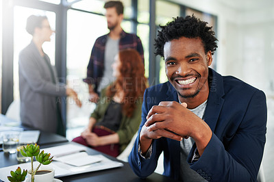 Buy stock photo Black man, professional and portrait in office for seminar, startup company and design workshop. Businessman, collaboration and planning in creative agency for trade show, convention and team. 