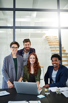 Buy stock photo Portrait, teamwork or business people in startup for solution, conversation or group discussion. Laptop, diversity or happy designers in office meeting for planning, feedback or online collaboration