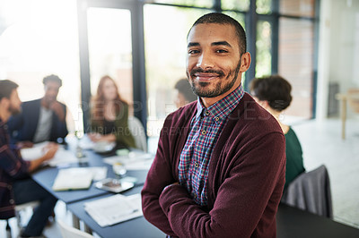 Buy stock photo Portrait, man and employee in office with people for lens flare, coworking and creative career. Face of male designer, work and confident in workplace with smile for company, together and teamwork