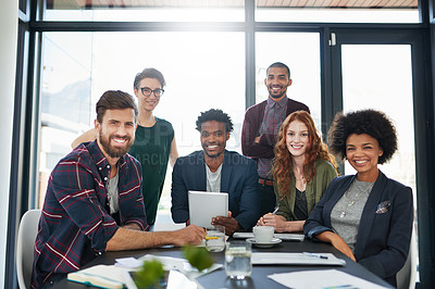 Buy stock photo Portrait, happy or business people in startup meeting for solution, conversation or discussion. Tablet, diversity or proud designers in office for planning, teamwork or online collaboration together