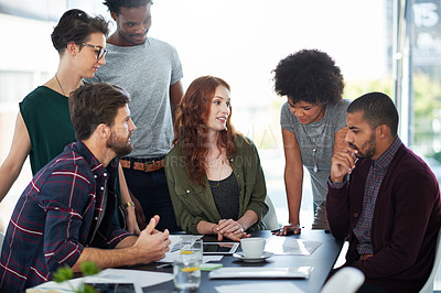 Buy stock photo Collaboration, idea or people in meeting in office, workspace or conference room with notebook for agenda. Discussion, partnership or employees together for plan, work or diversity in creative career