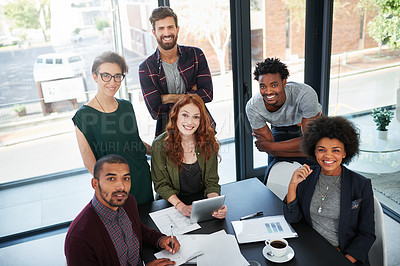 Buy stock photo Portrait, smile or business people in startup meeting for solution, conversation or discussion. Tablet, diversity or happy designers in office for planning, teamwork or online collaboration together
