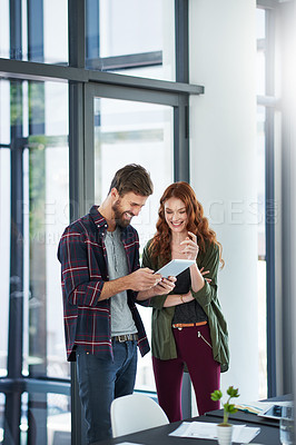 Buy stock photo Businessman, woman and tablet in office for startup company, research and graphic design for brainstorming. Meeting, email and professional people in creative agency for digital team discussion