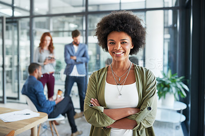 Buy stock photo Girl, smiling and excited in office portrait for new opportunity, internship or employment. Young lady, happy and colleagues  meeting in background for collaboration, teamwork and partnership