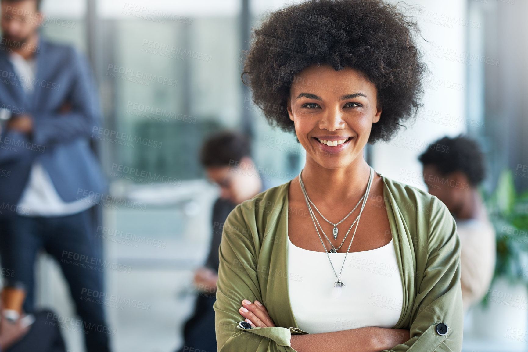 Buy stock photo African woman, happy and portrait in creative agency for designer, business and startup company. Professional, employee and seminar in office for small business, collaboration and team building.