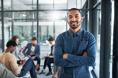 Buy stock photo Man, smiling and excited in office portrait for new opportunity, internship or employment. Person, happy and colleagues meeting in background for collaboration, teamwork and partnership in workplace