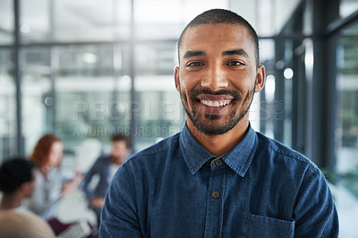 Buy stock photo Businessman, happy and portrait in creative agency for designer, trader and startup company. Professional, employee and seminar in office for small business, collaboration and team building.