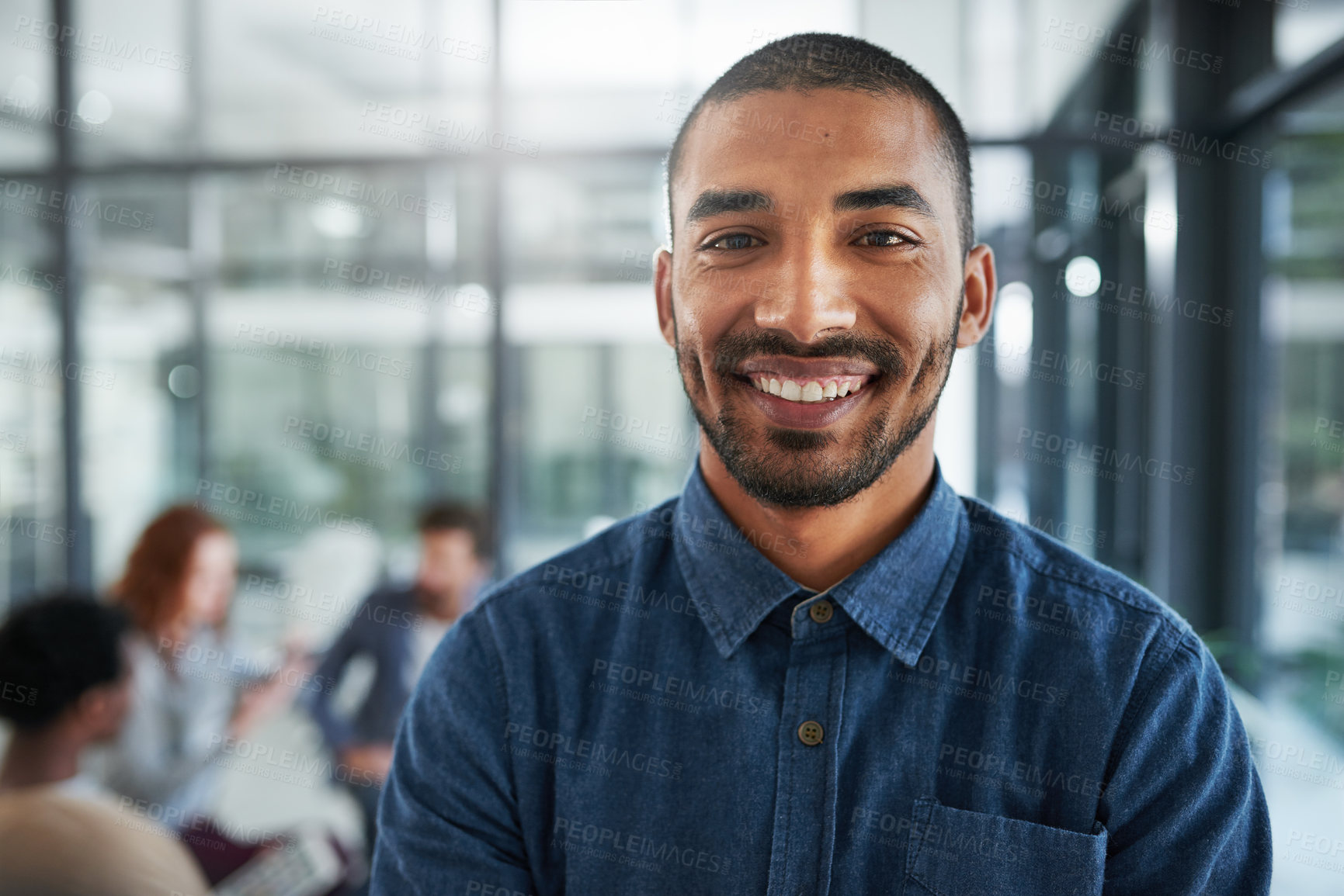 Buy stock photo Businessman, happy and portrait in creative agency for designer, trader and startup company. Professional, employee and seminar in office for small business, collaboration and team building.